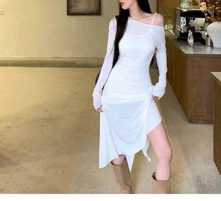 Set: Long-Sleeve Cold Shoulder Plain Ruched Midi A-Line Dress + Slipdress Product Image