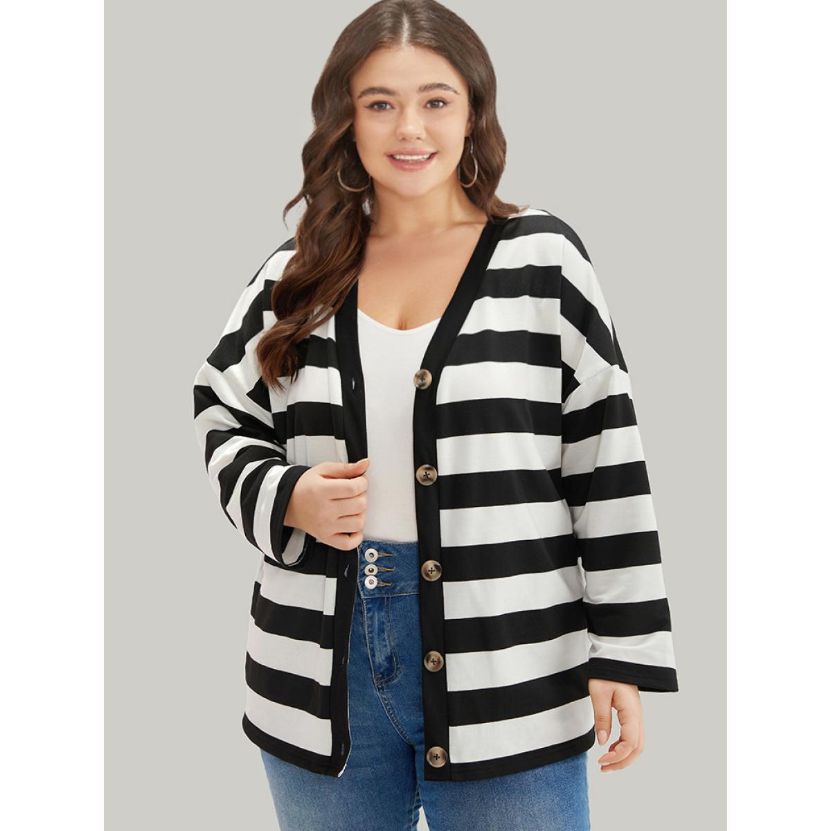 Plus Size Halloween Striped Button Through Jacket Women Black Casual Contrast Ladies Dailywear Winter Coats BloomChic 30/6X Product Image