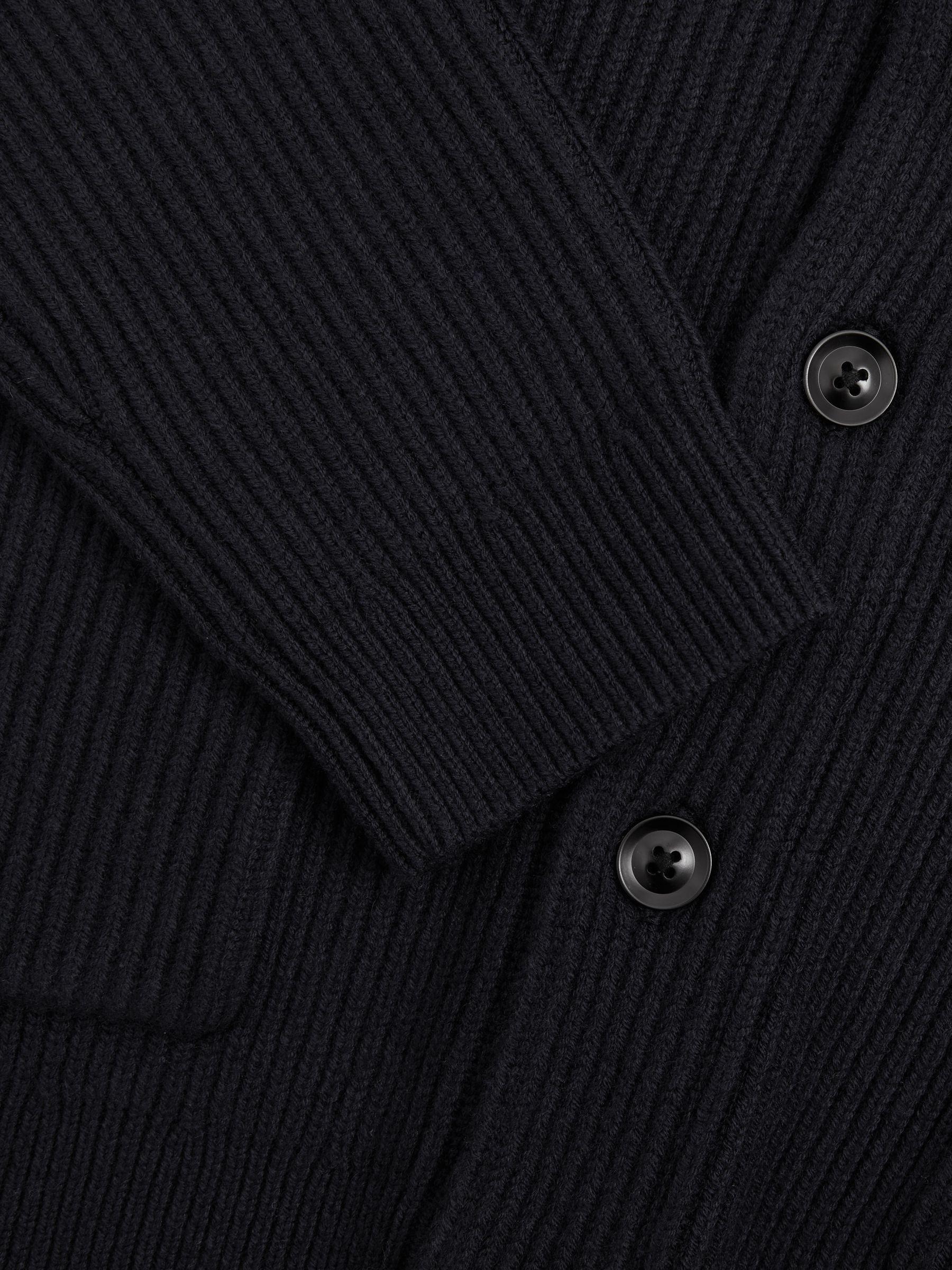 Ribbed Shawl-Collar Cardigan with Cotton and Wool in Navy Product Image