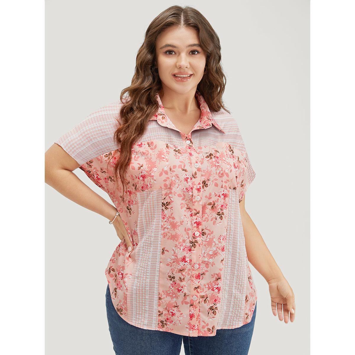 Plus Size MistyRose Floral Patchwork Pocket Button Up Arc Hem Blouse Women Elegant Short sleeve Shirt collar Dailywear Blouses BloomChic 10/M Product Image