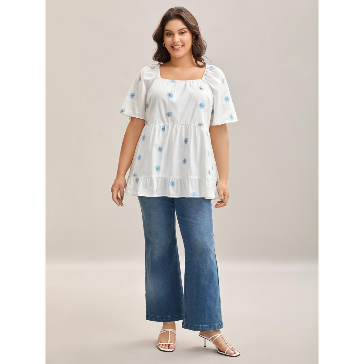 Plus Size WhiteSmoke Floral Embroidered Ruffled Hem Doll Shirt Women Elegant Short sleeve Square Neck Everyday Blouses BloomChic 28/5X Product Image