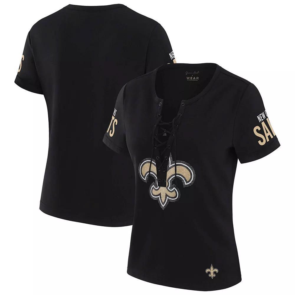 Women's WEAR by Erin Andrews x Gracie Hunt Black New Orleans Saints Draft Me Lace-Up T-Shirt, Size: Medium Product Image