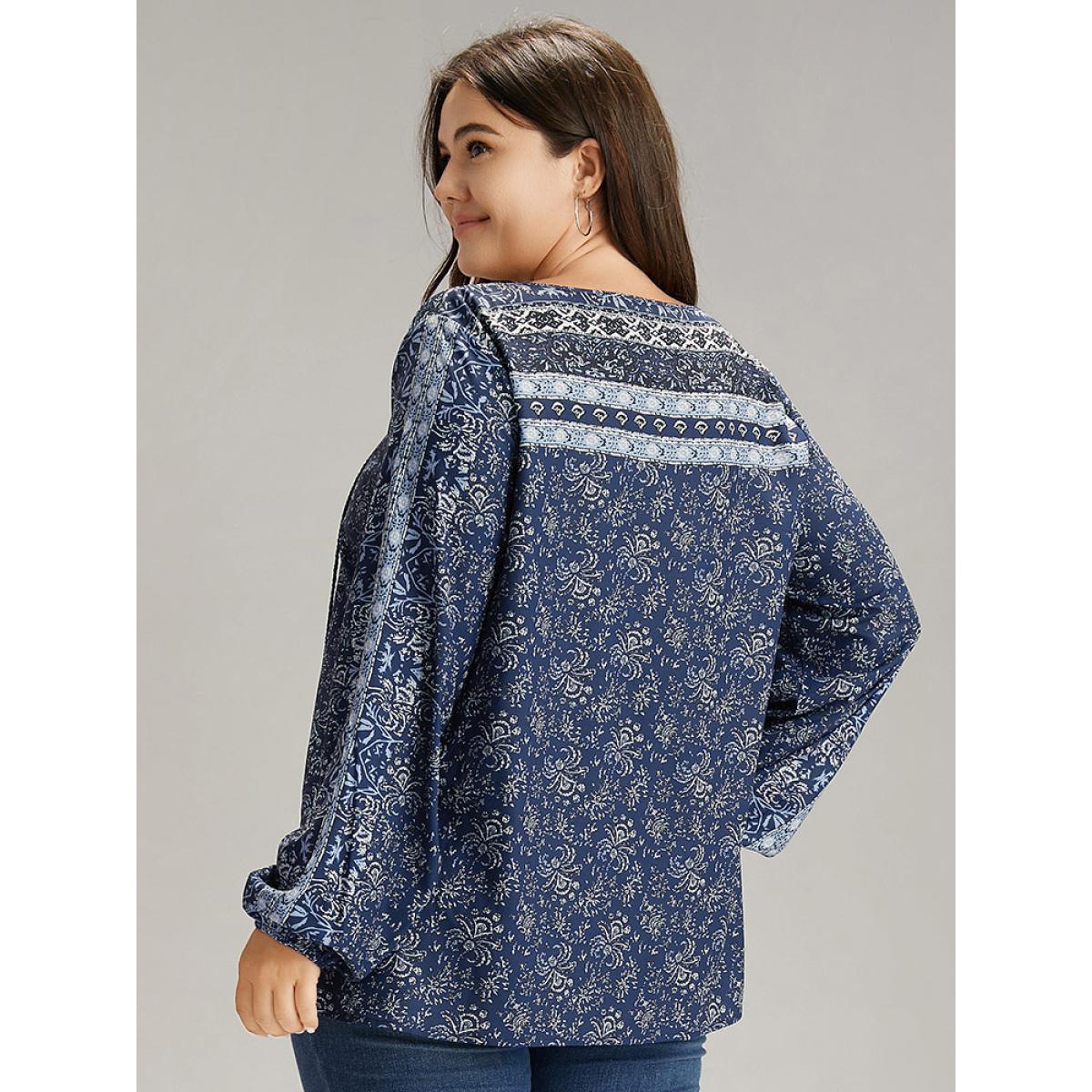 Plus Size Indigo Bandana Print Tassels Ties Blouse Women Vacation Long Sleeve Tie Neck Dailywear Blouses BloomChic 14-16/1X Product Image