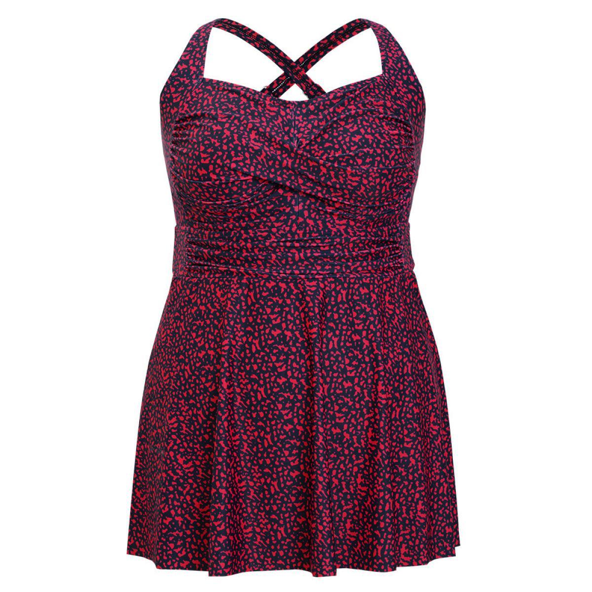 Plus Size Graphic Print Gathered Flutter Hem Crossover Swim Dress Women's Swimwear RedViolet Vacation Bodycon High stretch Curve Swim Dresses BloomChic 10/M Product Image