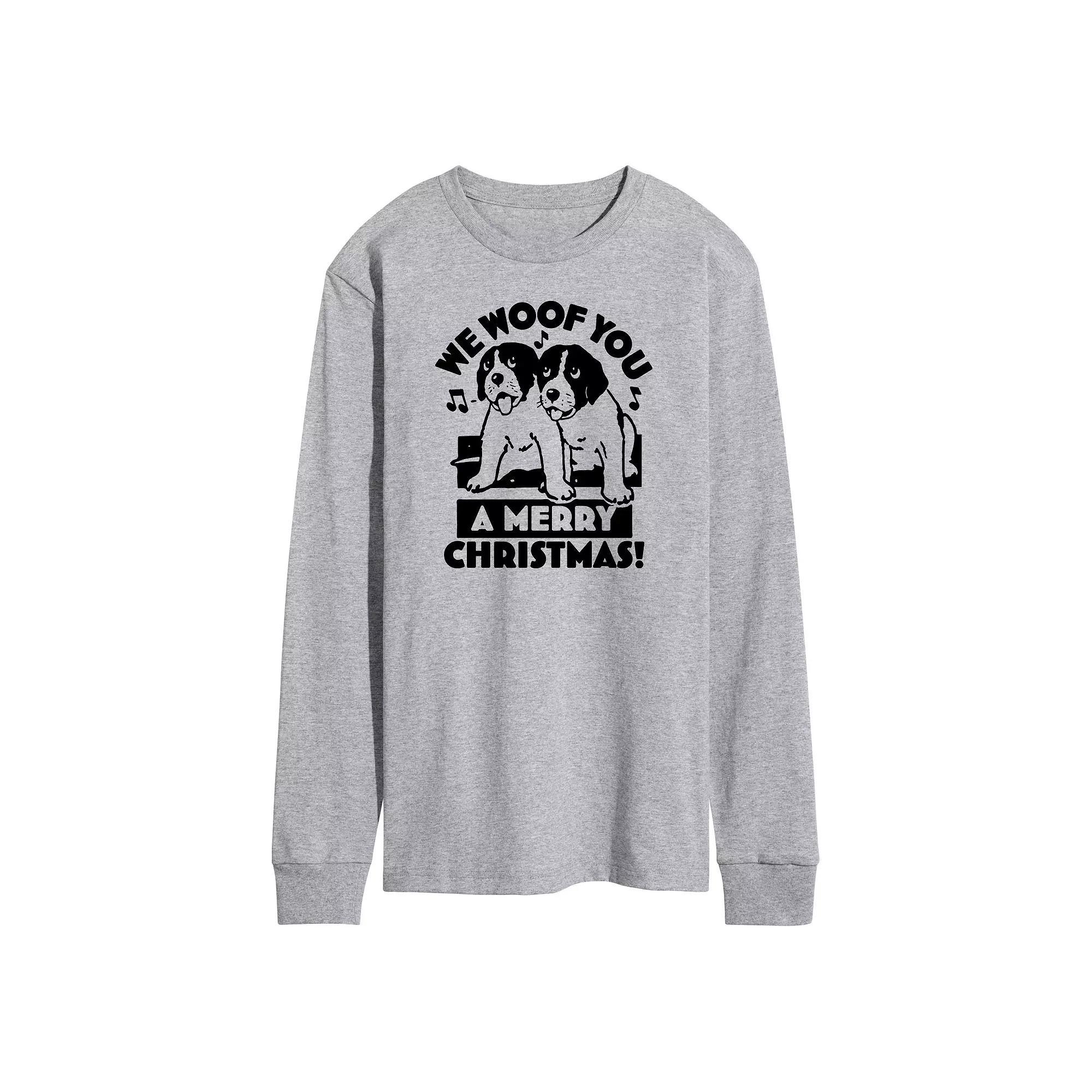 Mens We Woof You Merry Christmas Long Sleeve Graphic Tee Grey Gray Product Image