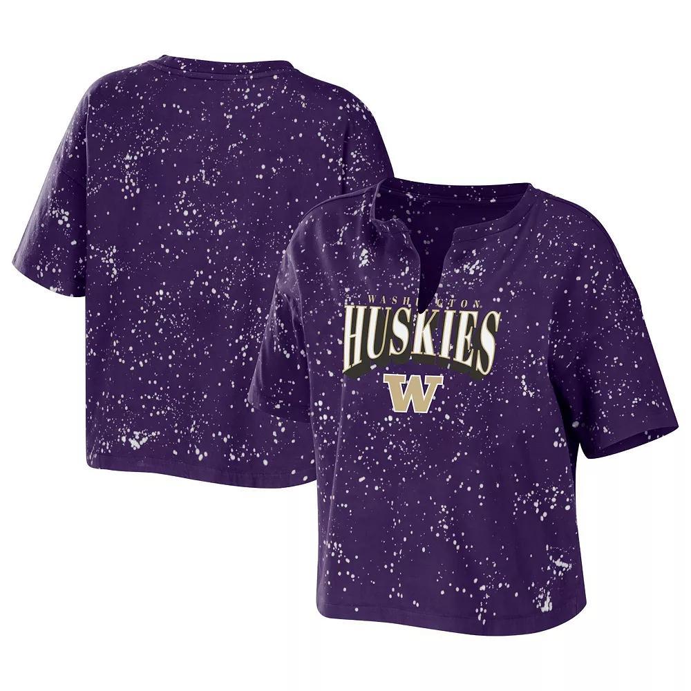 Women's WEAR by Erin Andrews Purple Washington Huskies Bleach Wash Splatter Notch Neck T-Shirt, Size: Small Product Image