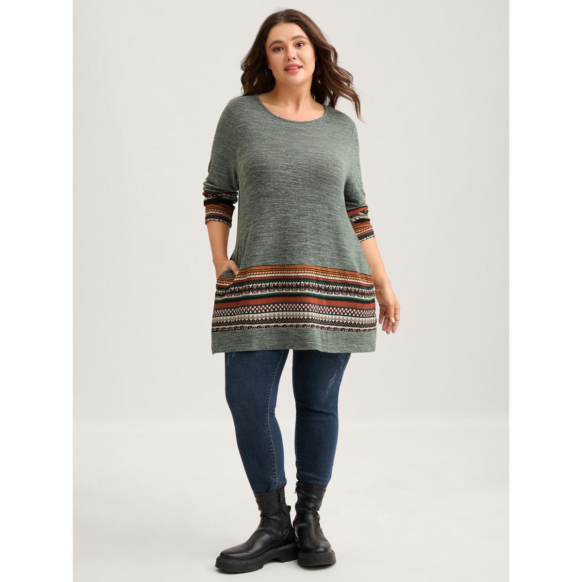 Plus Size Tunic Boho Print Pocket T-shirt Sage Women Casual Contrast Round Neck Loose Everyday T-shirts BloomChic 28/5X Product Image