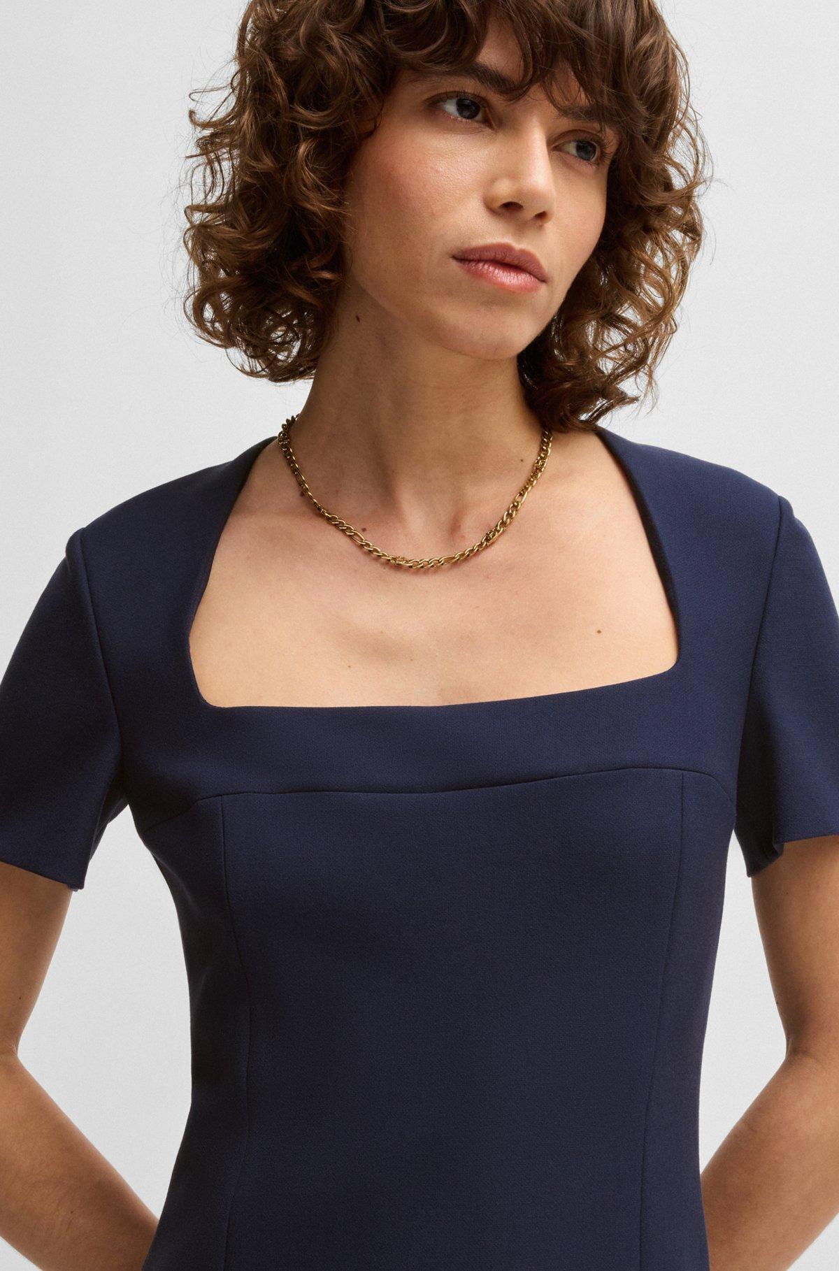 BOSS - Square-neck slim-fit dress in stretch material - Dark Blue Product Image