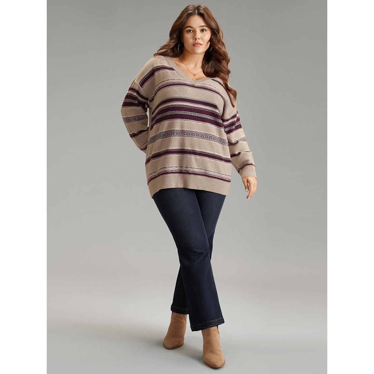 Plus Size Supersoft Essentials Striped Print Drop Shoulder Pullover LightBrown Women Casual Loose Long Sleeve Deep V-neck Everyday Pullovers BloomChic 26/4X Product Image