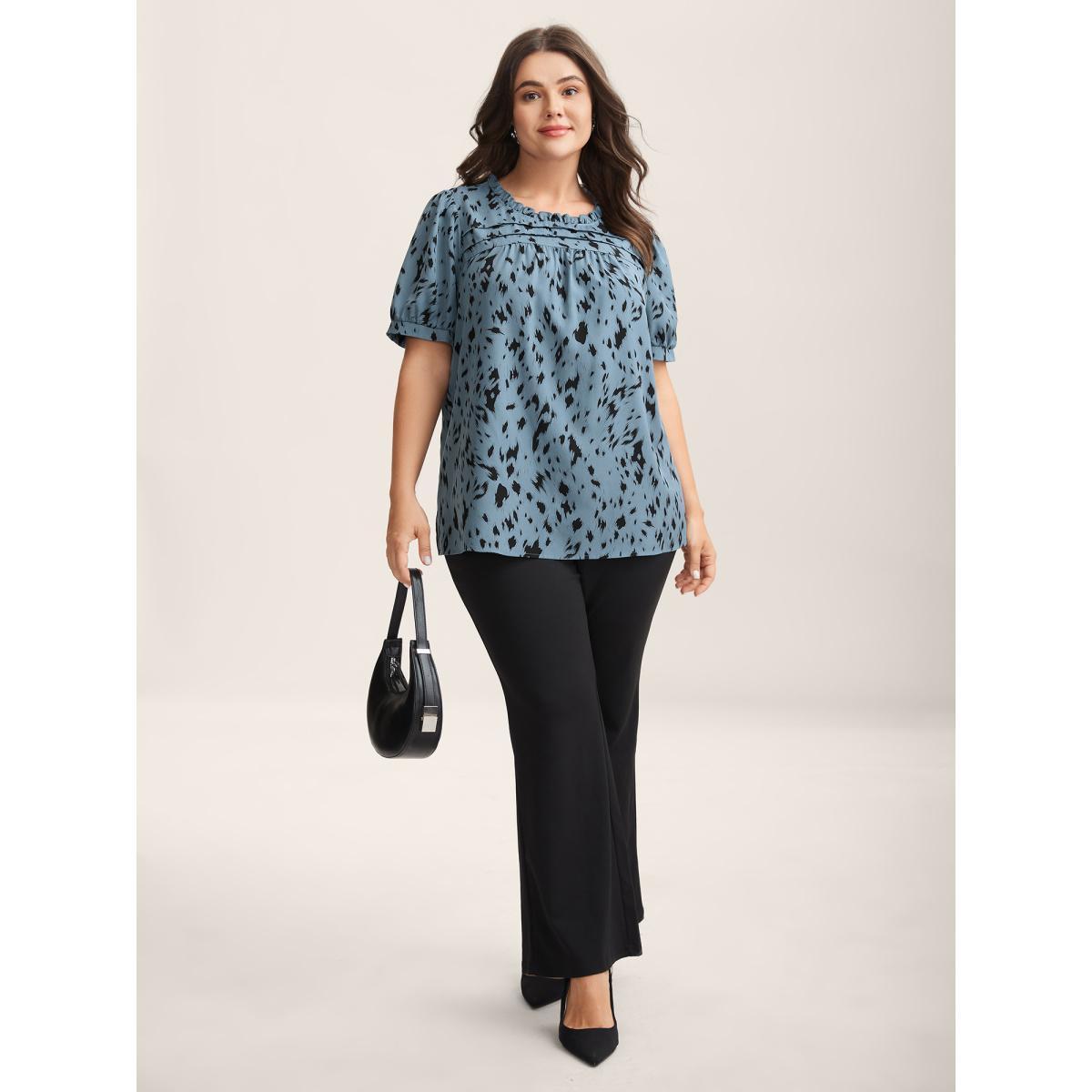 Plus Size Stone Leopard Print Toothpick Pleat Blouse Women Short sleeve Round Neck Work Blouses BloomChic 14-16/1X Product Image