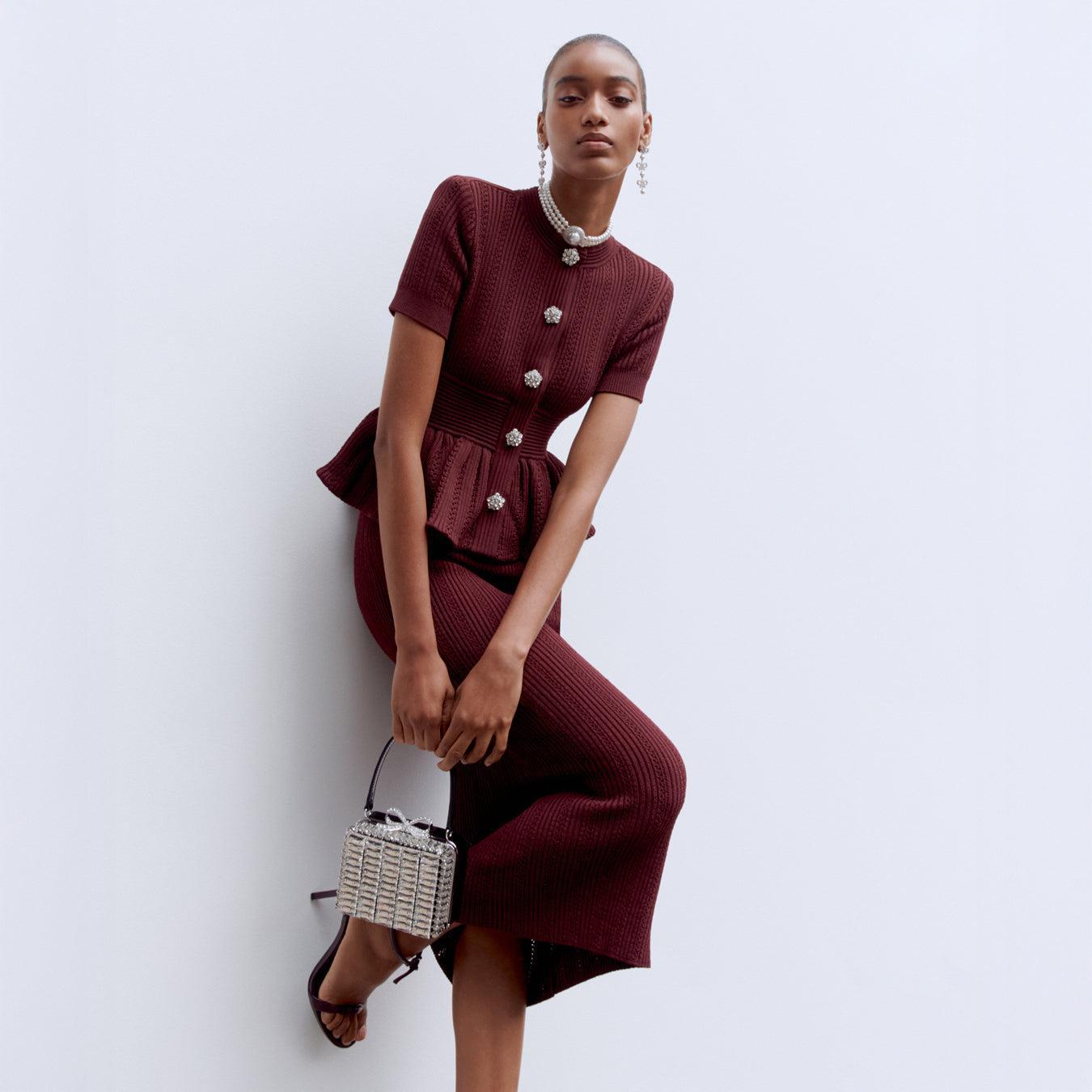 Burgundy Pointelle Knit Midi Dress Product Image