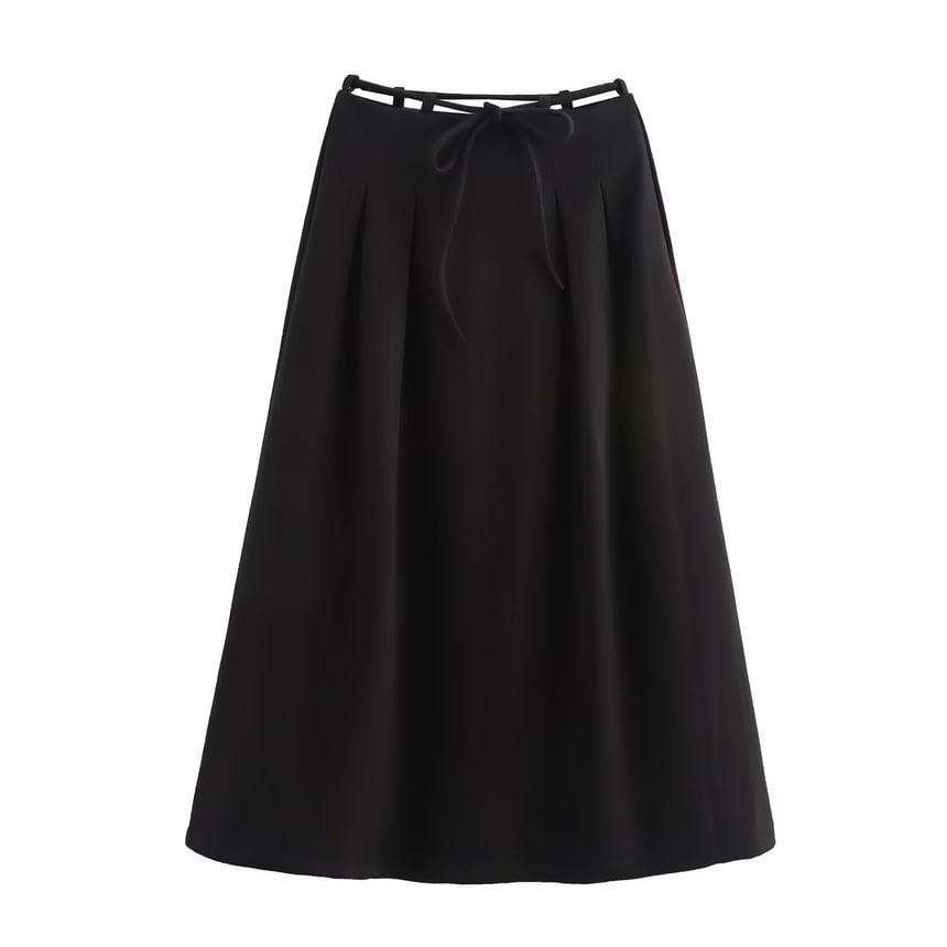 Drawstring Waist Plain Midi A-Line Skirt Product Image