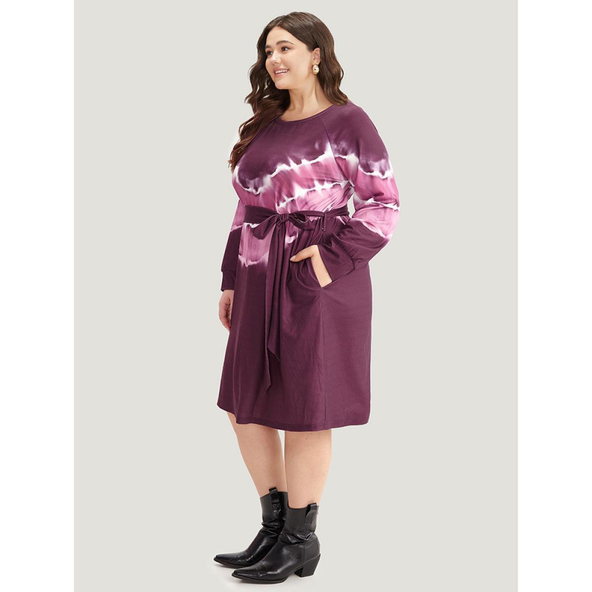 Plus Size Tie Dye Pocket Round Neck Belted Raglan Sleeve Dress Multicolor Women Casual Belted Round Neck Long Sleeve Curvy Knee Dress BloomChic 26/4X Product Image