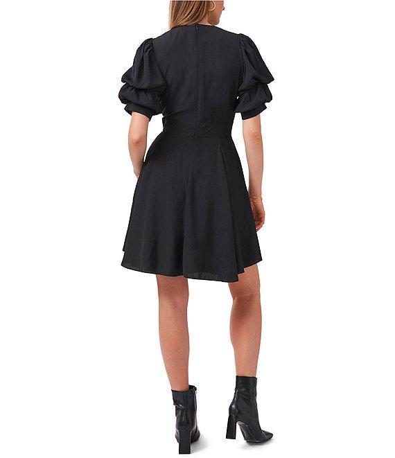 1. STATE Short Puffed Sleeve V-Neck Suede Satin Mini Dress Product Image