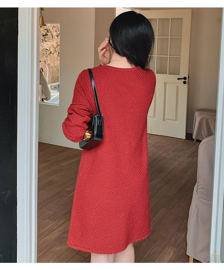 Long Sleeve V-Neck Plain Glitter Button Knit Midi A-Line Dress Product Image