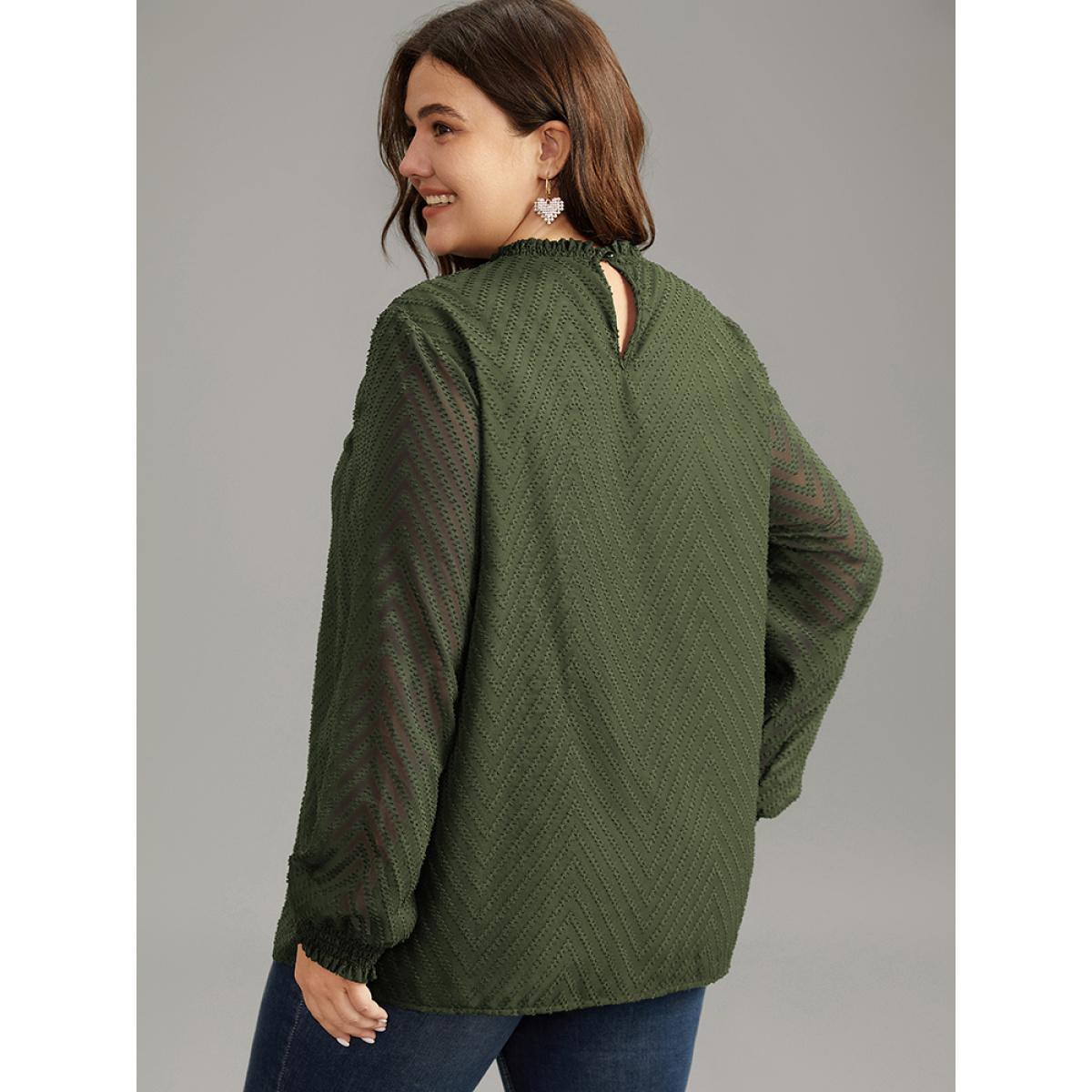 Plus Size ArmyGreen Plain Patchwork Mesh Shirred Frill Trim Blouse Women Office Long Sleeve Round Neck Work Blouses BloomChic 28/5X Product Image
