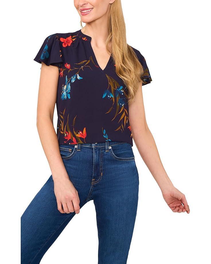 Women's CeCe V-neck Shirred Neck Flutter Sleeve Blouse Product Image