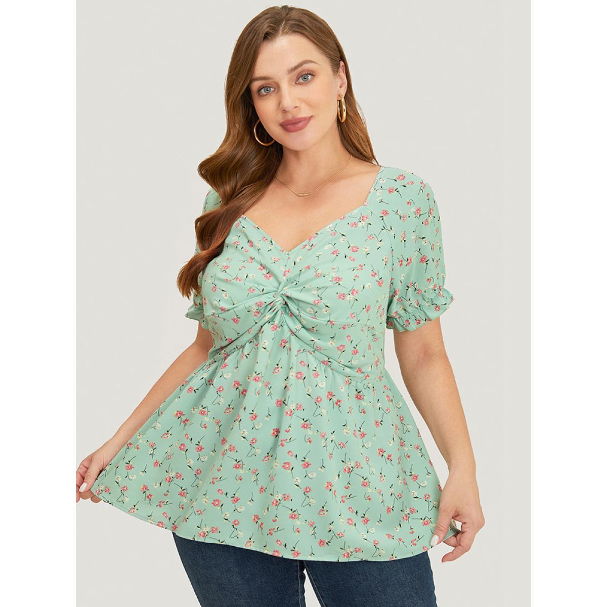 Plus Size Mint Ditsy Floral Twist Front Puff Sleeve Blouse Women Elegant Short sleeve V-neck Dailywear Blouses BloomChic 30/6X Product Image