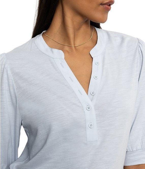 Sanctuary Mixed Media V-Neck Short Sleeve Front Button Tee Product Image