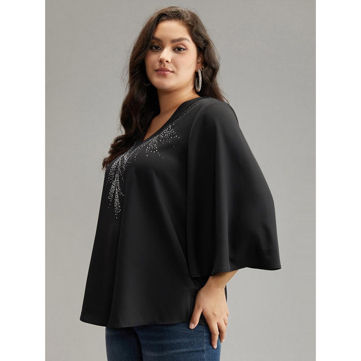 Plus Size Black Twill Rhinestone V Neck Ruffle Sleeve Blouse Women Glamour Elbow-length sleeve V-neck Going out Blouses BloomChic 14-16/1X Product Image
