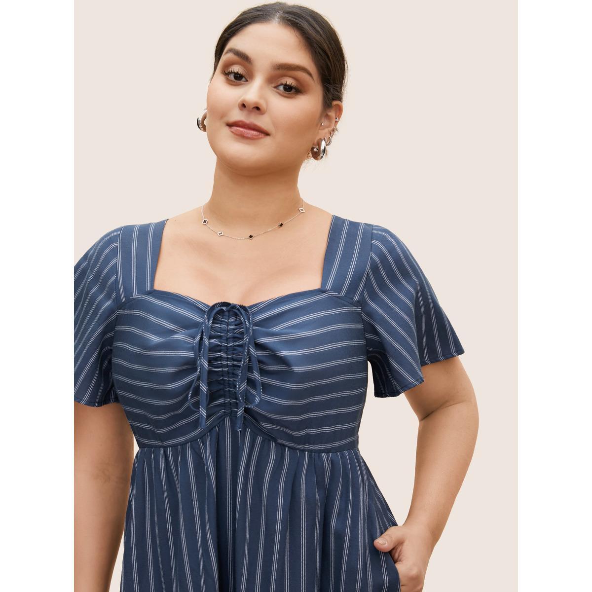 Plus Size Striped Drawstring Gathered Ruffle Sleeve Dress DarkBlue Women At the Office Gathered Heart neckline Short sleeve Curvy BloomChic 28/5X Product Image