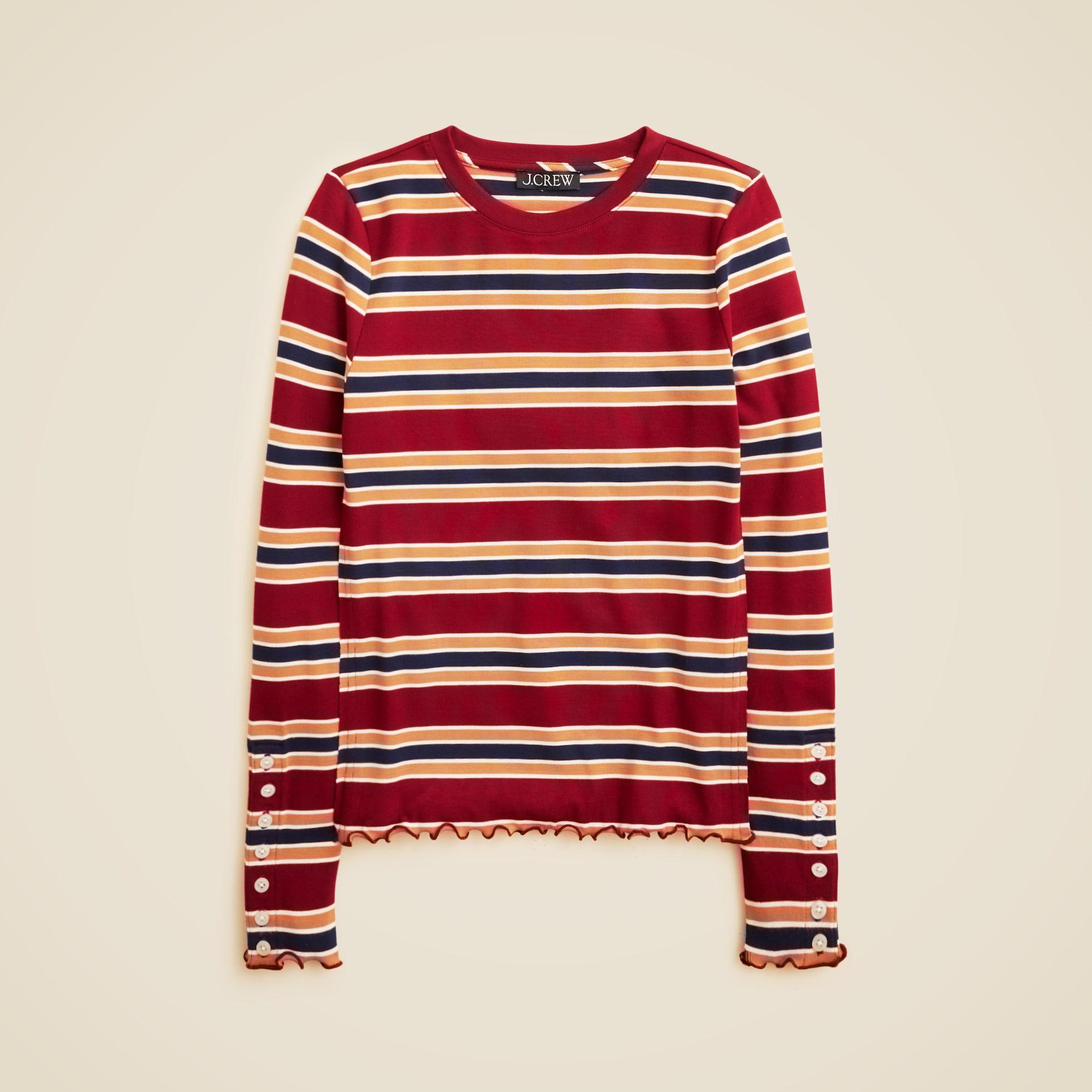 Refined rib long-sleeve T-shirt with button cuffs in stripe Product Image