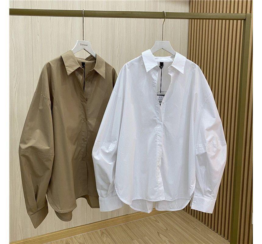 Long-Sleeve Collared Plain Oversized Shirt Product Image