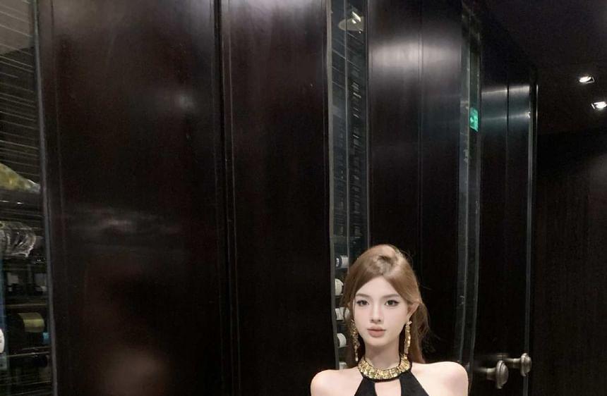 Halter Neck Sequined Slit Mini Bodycon Dress Product Image