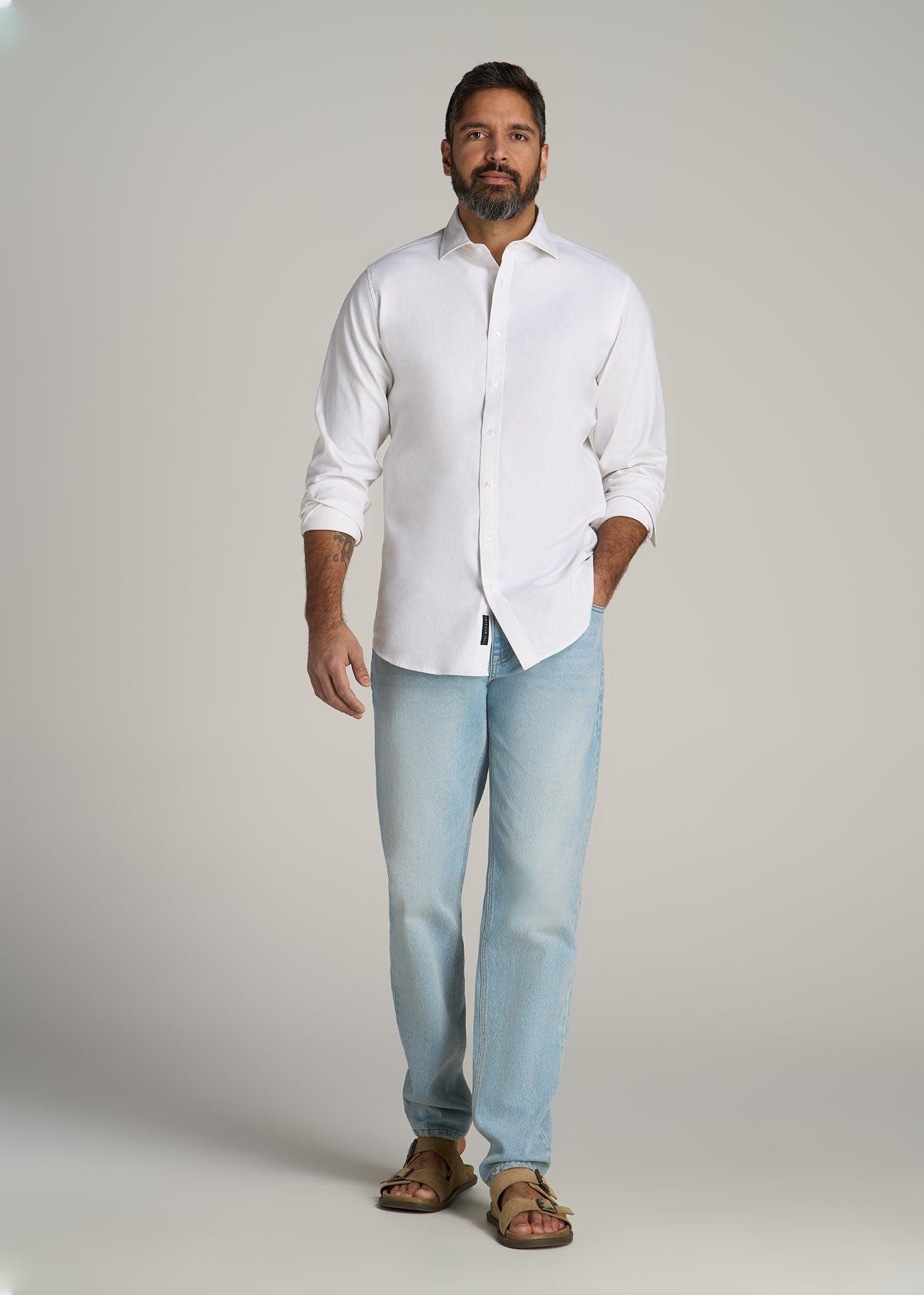 Stretch Linen Dress Shirt for Tall Men in White Product Image
