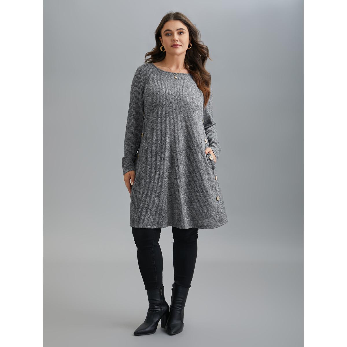 Plus Size Crew Neck HeatherRibbed Knit Dress DimGray Women Casual Button Knit Dresses Bloomchic 22-24/3X Product Image