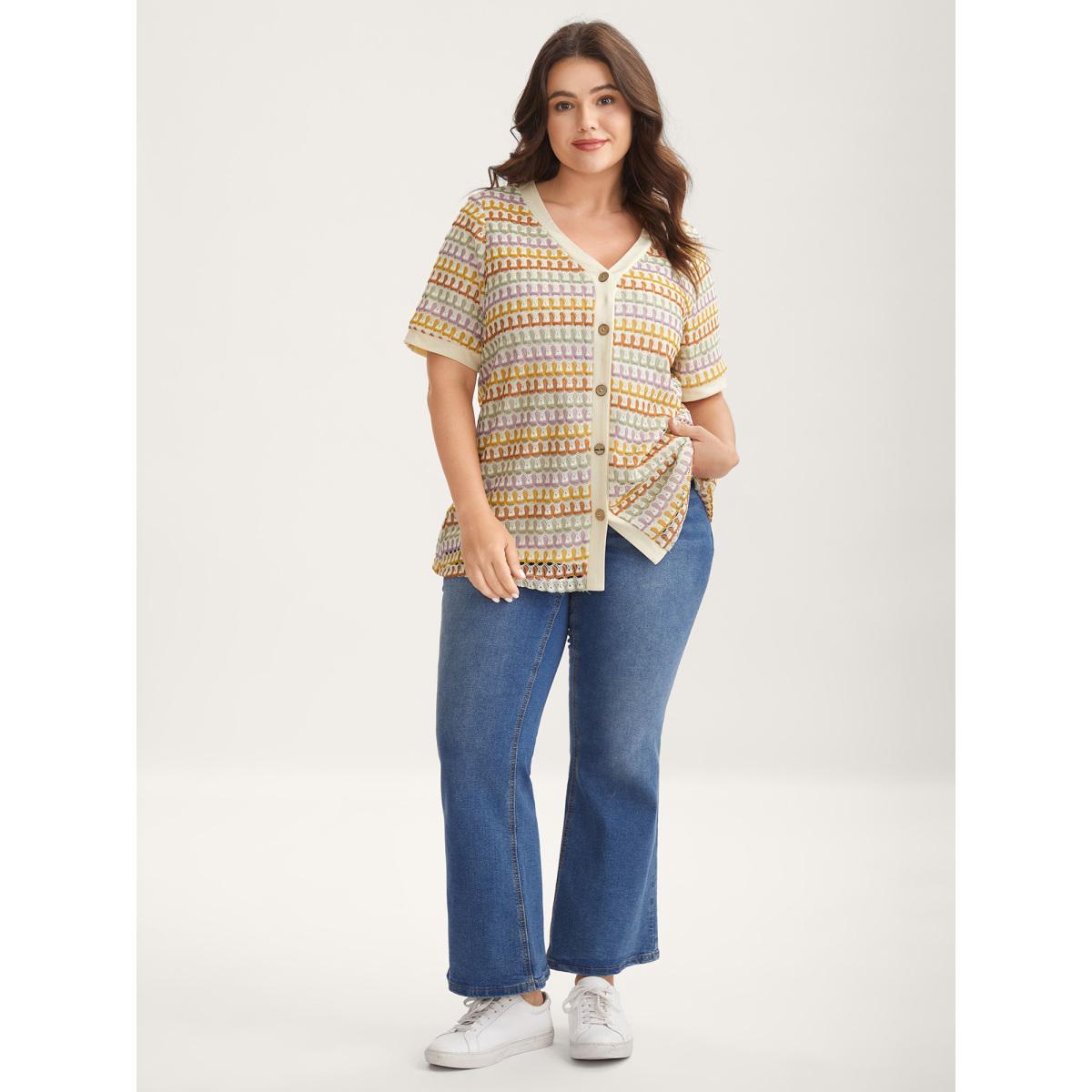 Plus Size Colorful Crochet Stretchy Button T-Shirt Lightorange Women Texture V-neck Everyday-Casual T-shirts BloomChic 18-20/2X Product Image