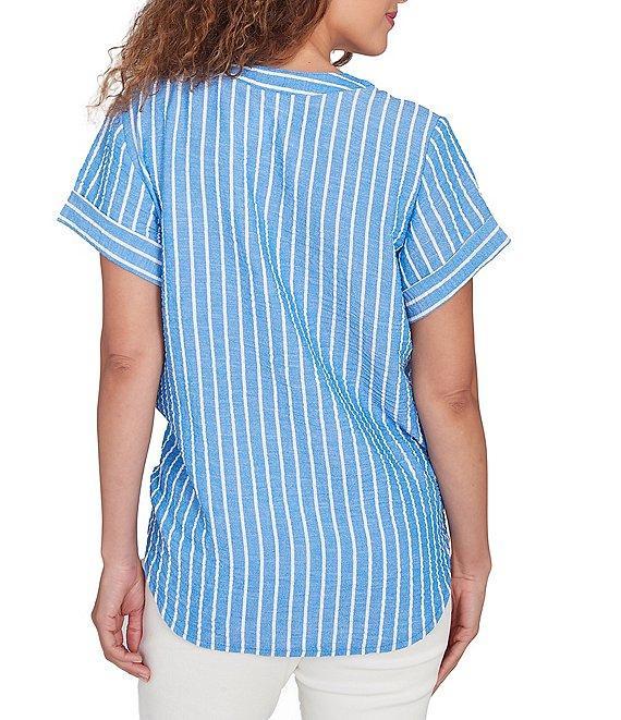 Ruby Rd. Petite Size Embroidered Stripe Split V-Neck Short Sleeve Tie-Front Top Product Image