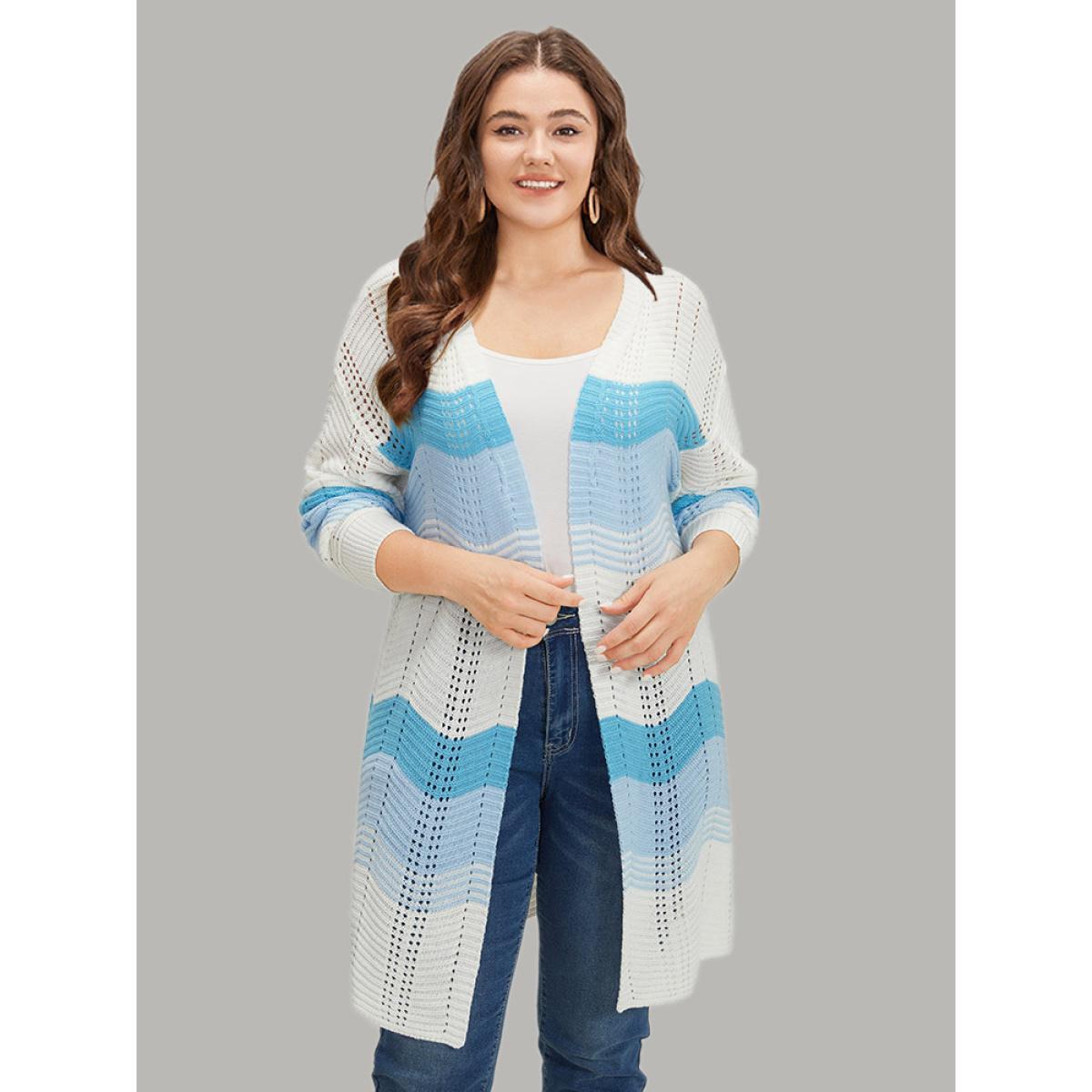 Plus Size Ombre Geo Eyelet Tunic Open Front Elastic Cuffs Cardigan Blue Women Casual Loose Long Sleeve Dailywear Cardigans BloomChic 10/M Product Image