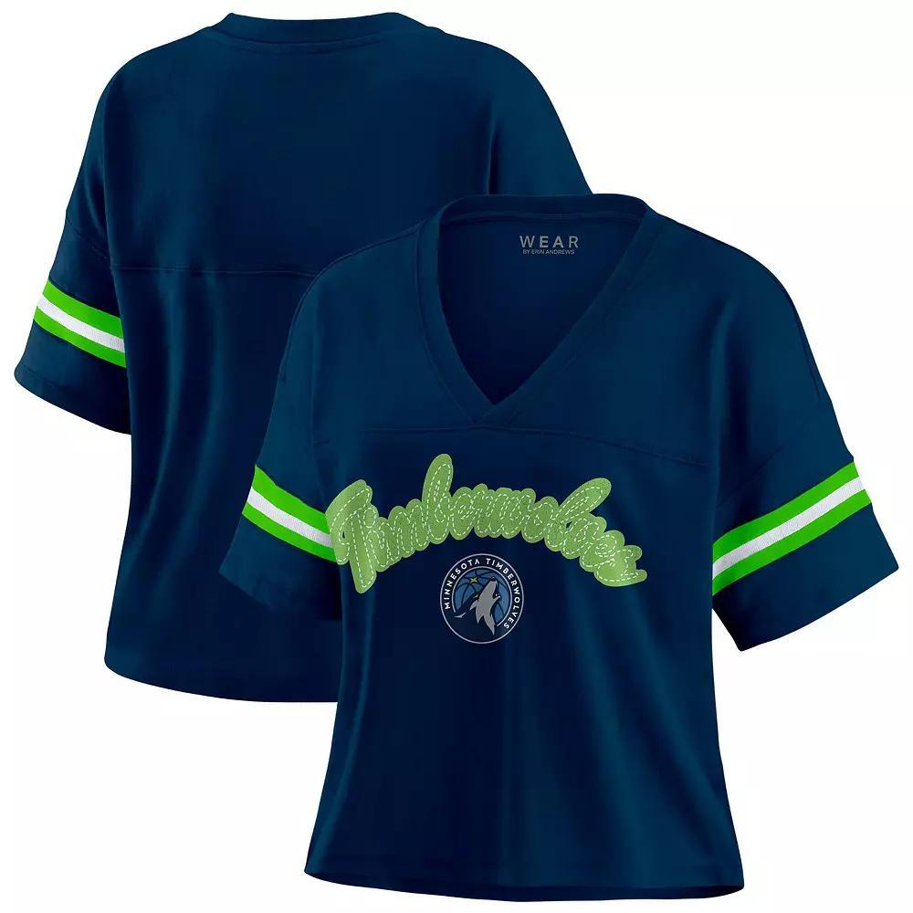 Women's WEAR by Erin Andrews Royal Los Angeles Rams Color Block Boxy Modest Crop V-Neck T-Shirt, Size: Large, Blue Product Image