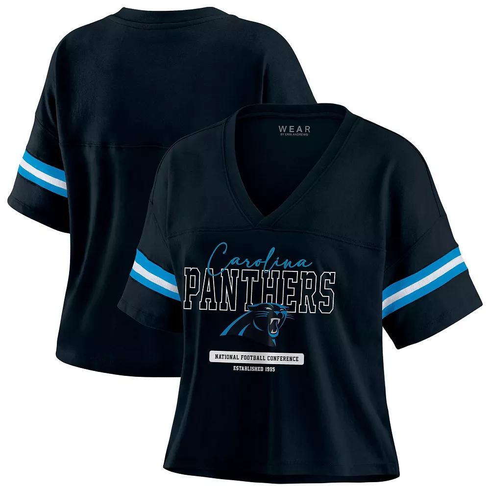 Women's WEAR by Erin Andrews Black Carolina Panthers Color Block Boxy Modest Crop V-Neck T-Shirt, Size: Medium Product Image