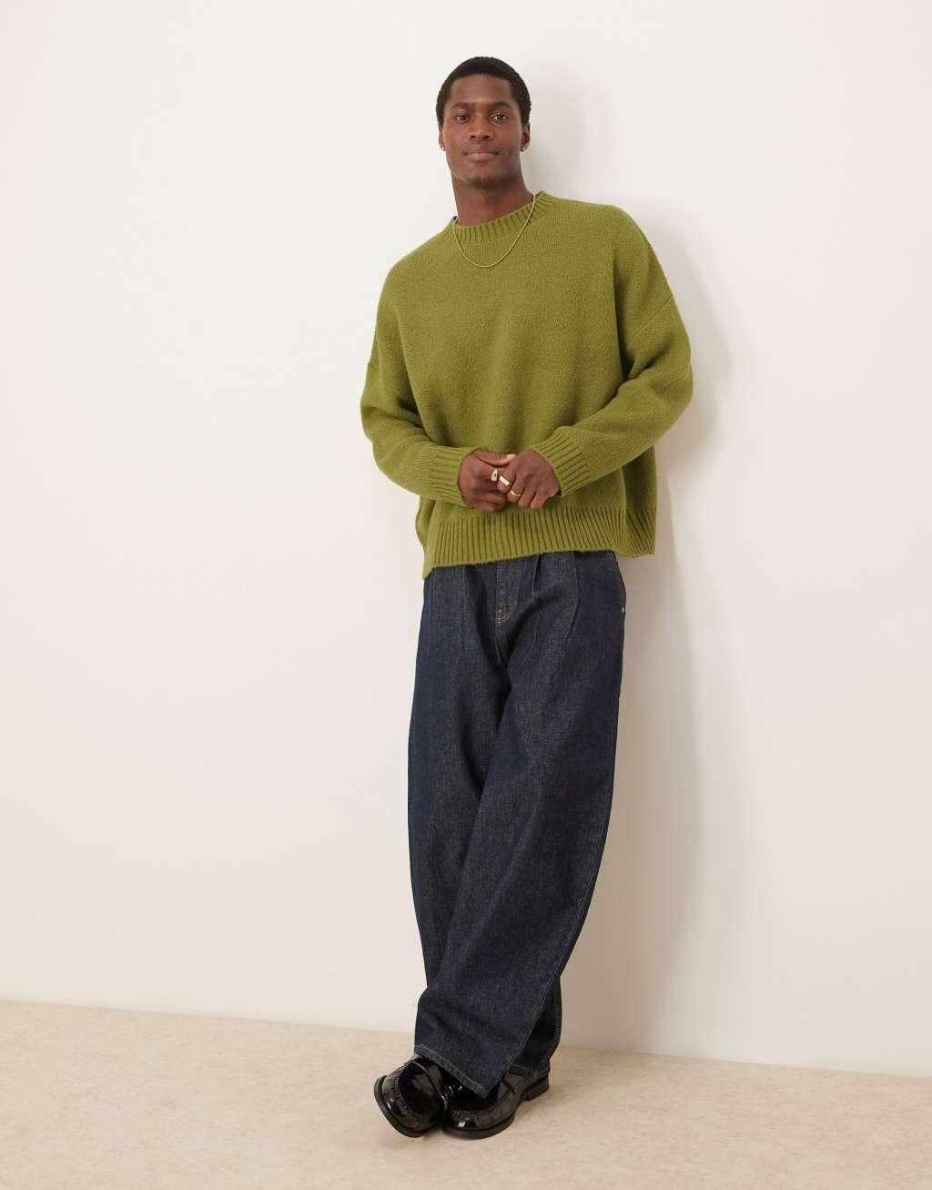 ASOS DESIGN super oversized boxy fit brushed knit crew neck sweater in khaki Product Image