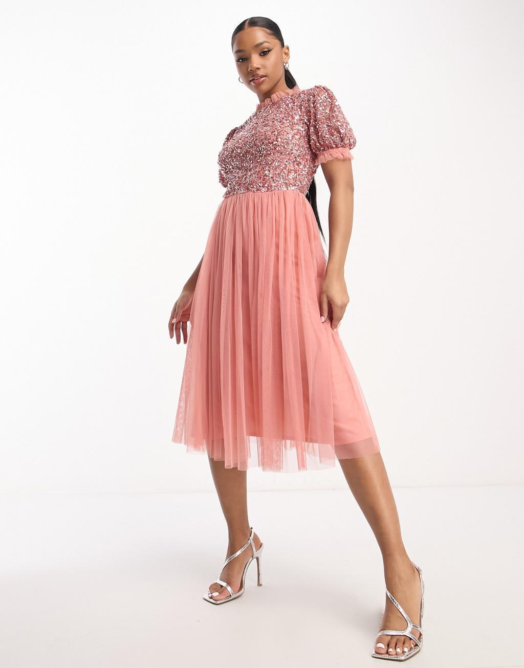 Maya Bridesmaid delicate sequin puff sleeve midi dress Product Image