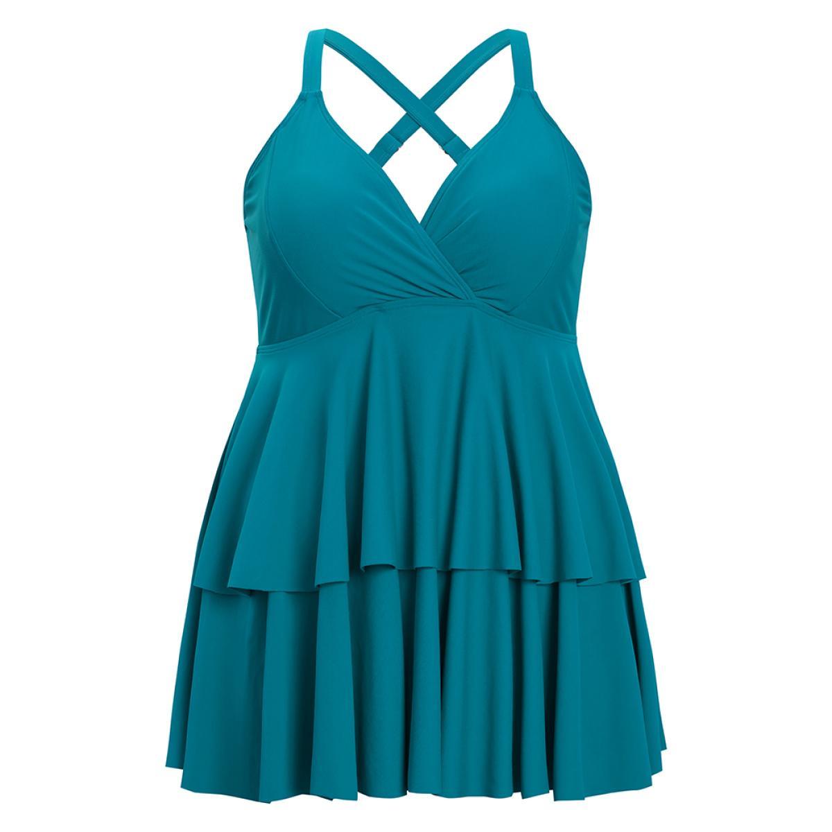Plus Size Surplice Neck Ruffle Tiered Crossover Adjustable Straps Swim Dress Women's Swimwear Cerulean Vacation Bodycon V-neck High stretch Curve Swim Dresses BloomChic 14-16/1X Product Image