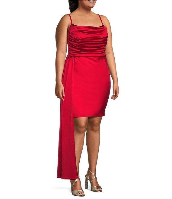 B. Darlin Plus Spaghetti Strap Scoop Neck Satin Side Tail Pleated Bodycon Dress Product Image