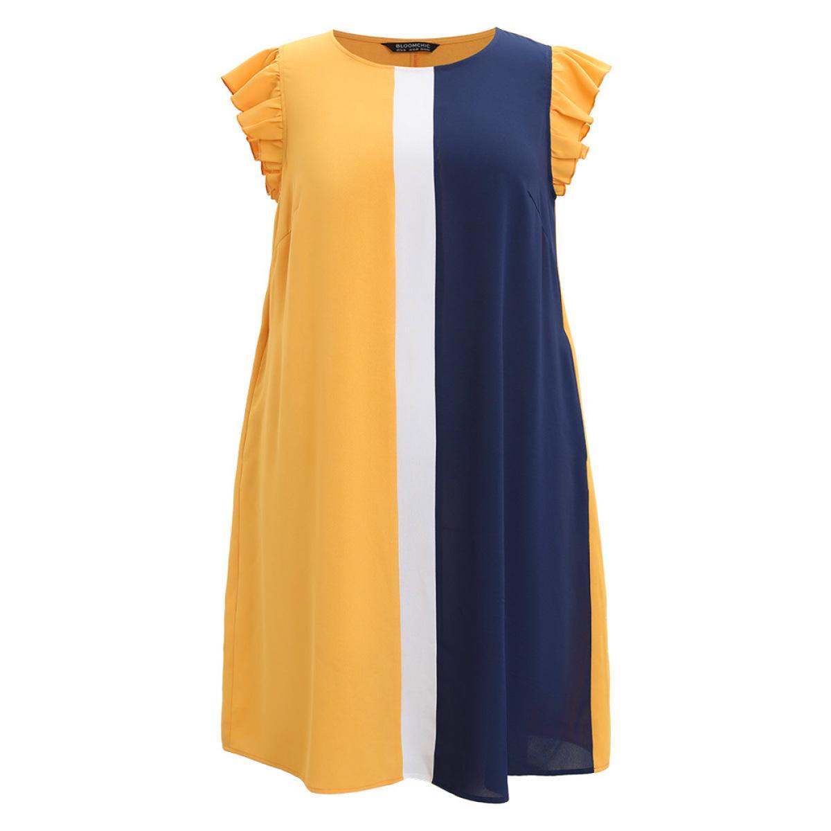 Plus Size Contrast Patchwork Pocket Ruffle Cap Sleeve Dress Multicolor Women Office Contrast Round Neck Cap Sleeve Curvy Knee Dress BloomChic 22-24/3X Product Image