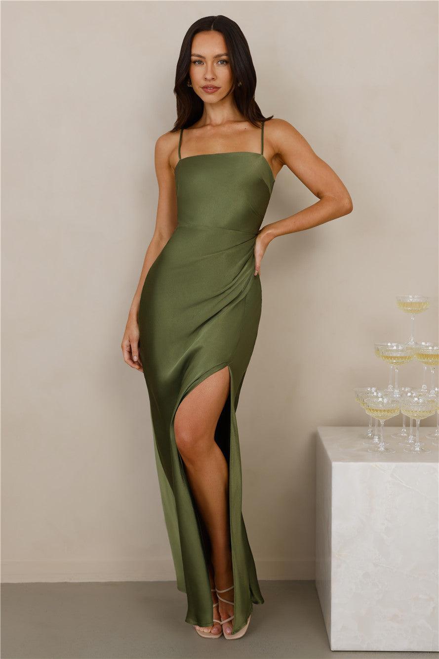 The Violetta Satin Maxi Dress Olive Product Image