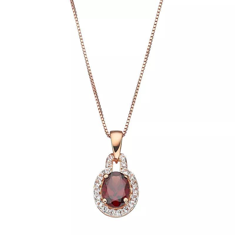 Gemminded 14k Rose Gold Over Silver Garnet & White Topaz Oval Halo Pendant Necklace, Women's, Size: 18", Red Product Image