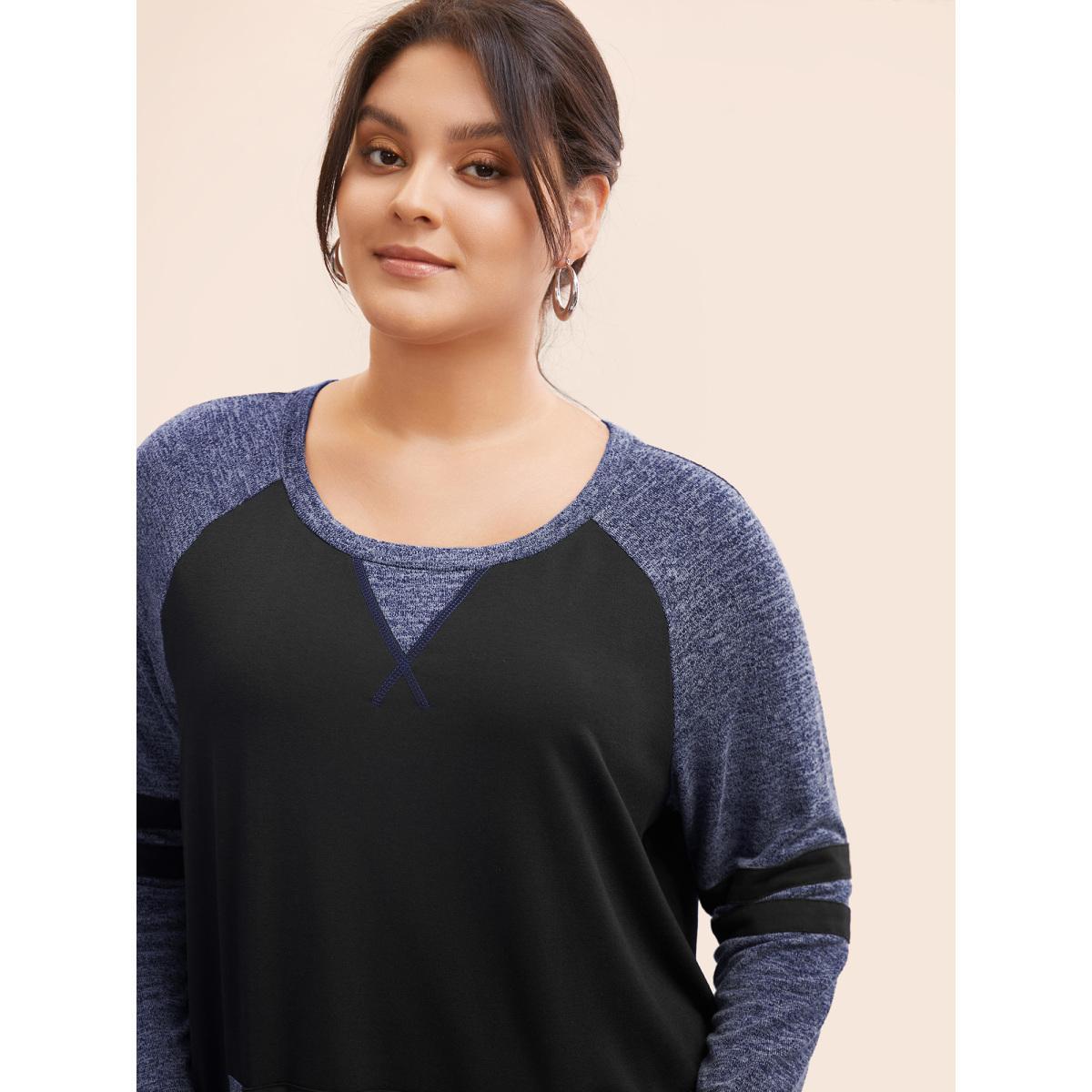 Plus Size Striped Contrast Pocket Raglan Sleeve High Low Hem Sweatshirt Women DarkBlue Casual Contrast Round Neck Everyday Sweatshirts BloomChic 22-24/3X Product Image