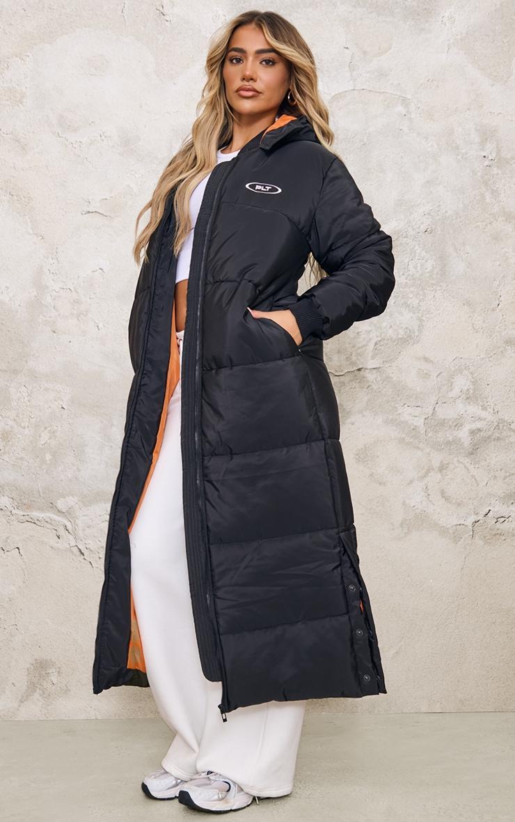 PRETTYLITTLETHING Badge Black Ribbed Trim Maxi Coat Product Image