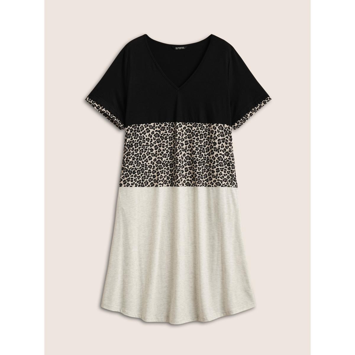Plus Size Leopard Colorblock Contrast Patchwork Pocket Dress Black Women Casual Non V-neck Short sleeve Curvy Midi Dress BloomChic 18-20/2X Product Image