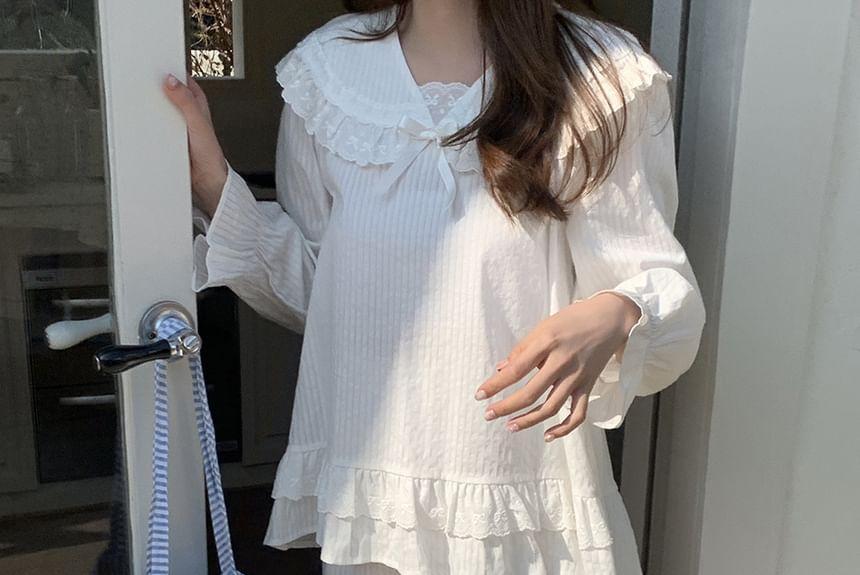 Long-Sleeve Lace Trim Pajama Dress Product Image