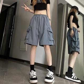 High Waist Plain Wide Leg Cargo Shorts Product Image