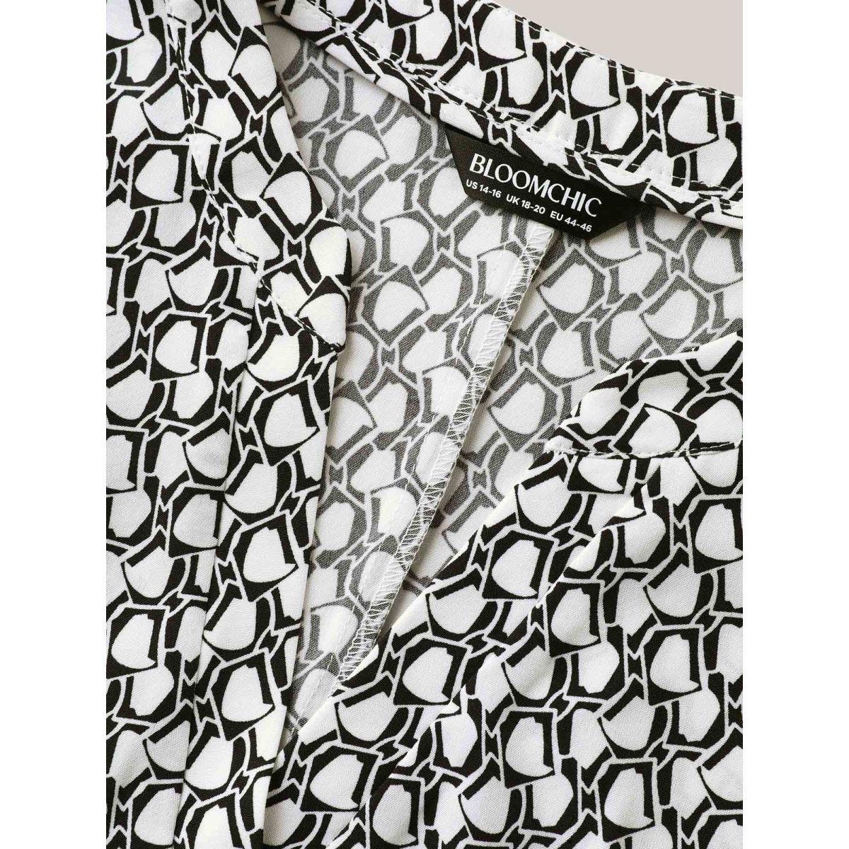 Plus Size Black Geometric Print Notched Collar Blouse Women Short sleeve Notched collar Work Blouses BloomChic 12/L Product Image