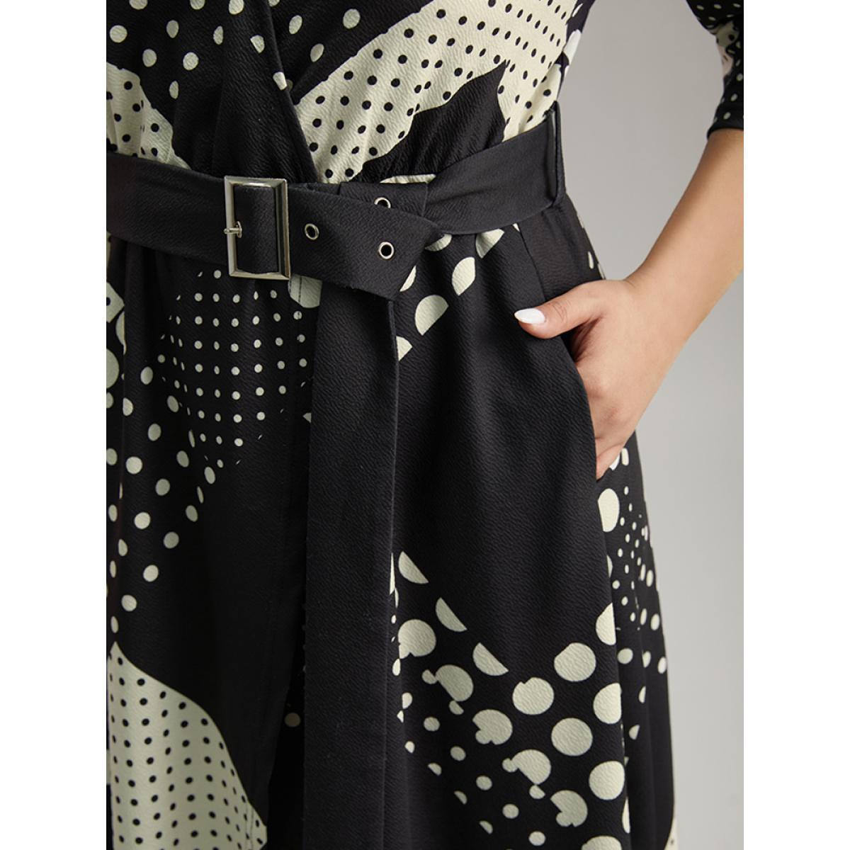 Plus Size Polka Dot Geometric print Belted Wrap Dress Black Women At the Office Wrap Overlap Collar Elbow-length sleeve Curvy Midi Dress BloomChic 28/5X Product Image