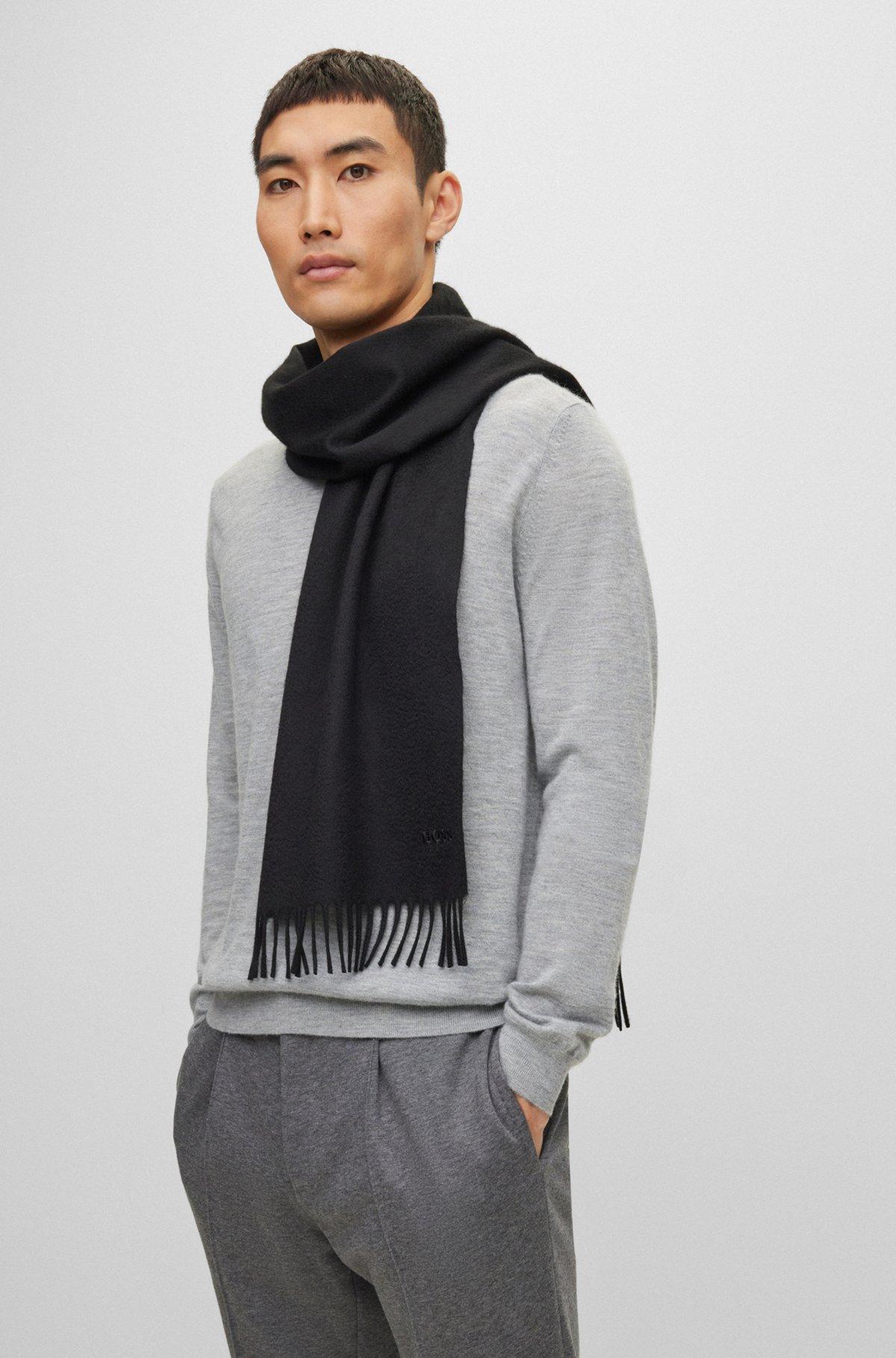 BOSS - Fringed scarf in pure Italian cashmere with embroidered logo - Beige Product Image